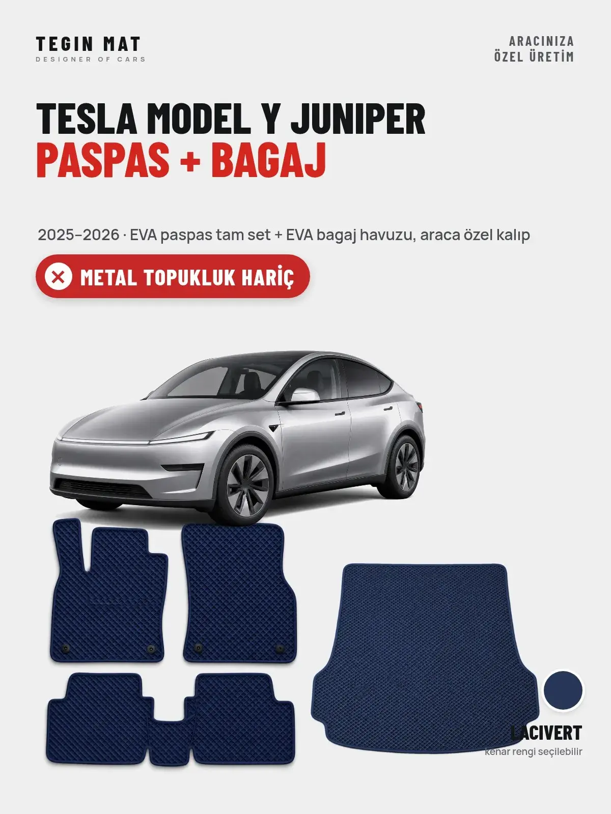 Tesla Model Y Juniper EVA Paspas + Bagaj Havuzu Seti (2025–2026) Lacivert – Metal Topukluk Hariç (1)
