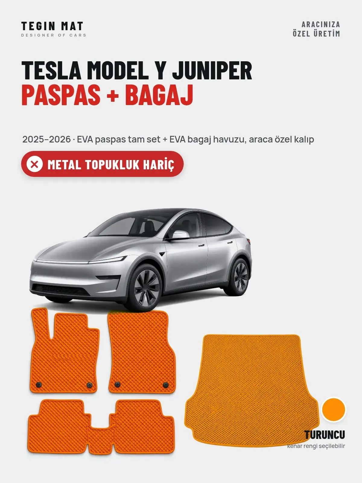 Tesla Model Y Juniper EVA Paspas + Bagaj Havuzu Seti (2025–2026) Turuncu – Metal Topukluk Hariç (1)