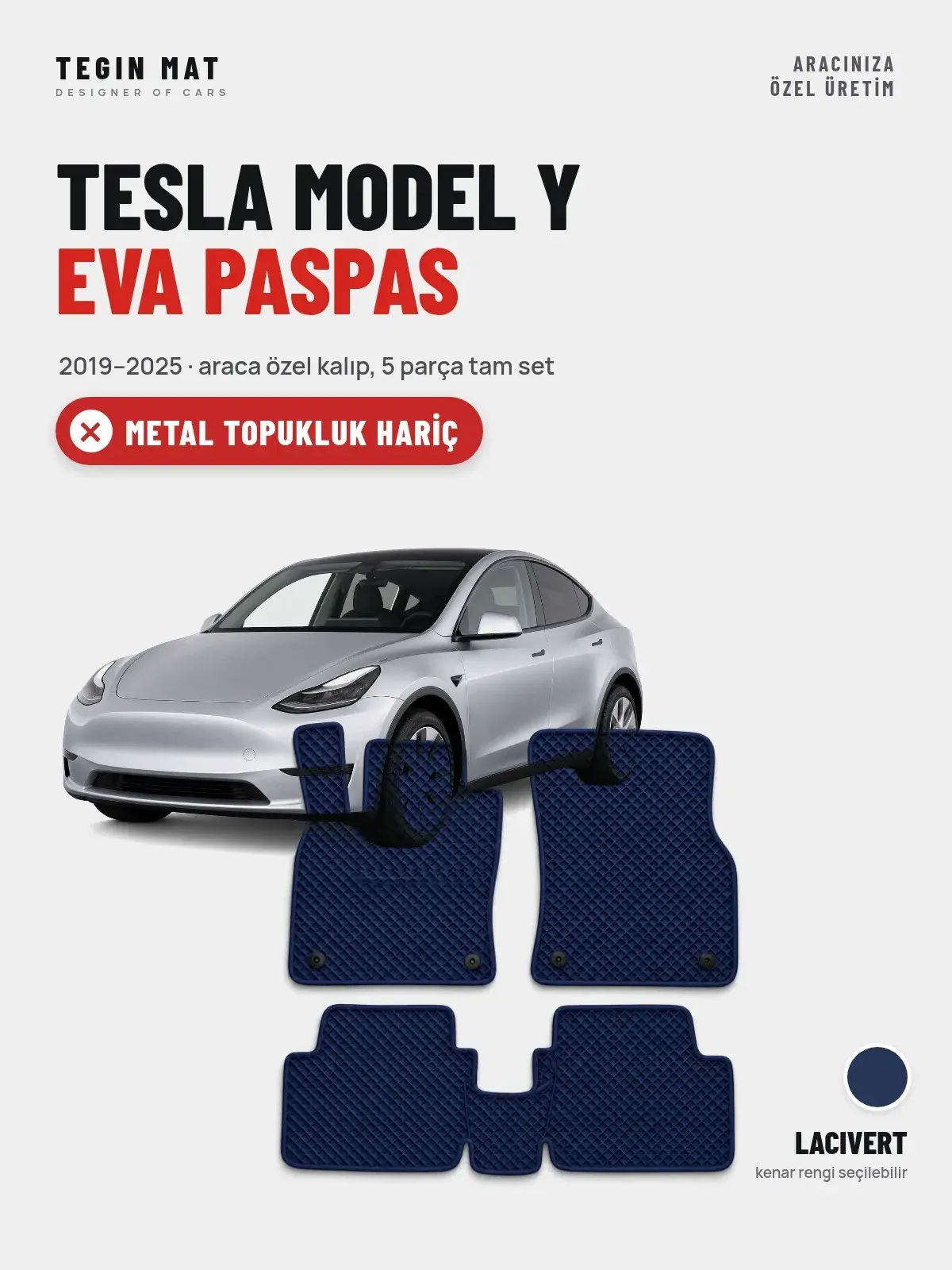 Tesla Model Y EVA Oto Paspas Tam Set (2019–2025) Lacivert – Metal Topukluk Hariç (1)