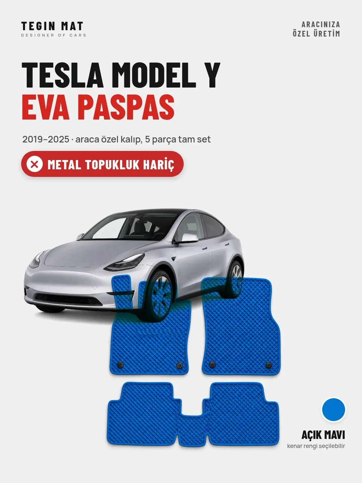 Tesla Model Y EVA Oto Paspas Tam Set (2019–2025) Açık Mavi – Metal Topukluk Hariç (1)