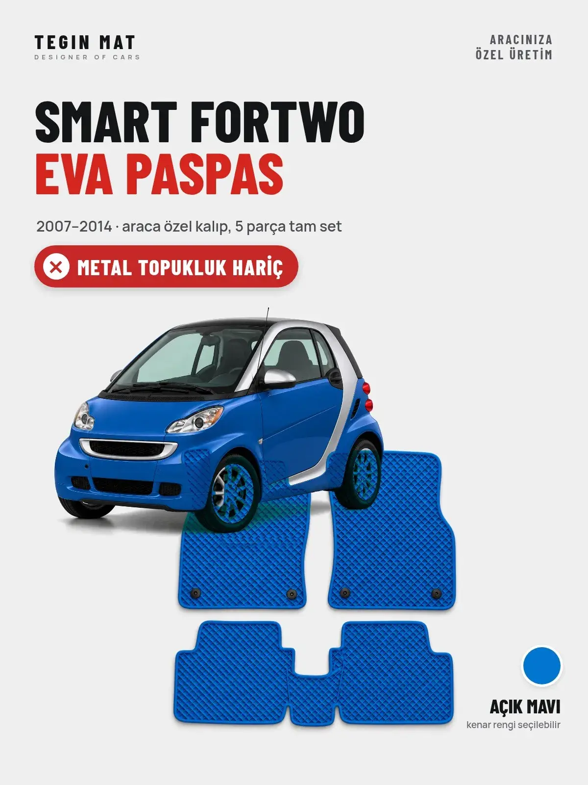 Smart Fortwo EVA Oto Paspas Tam Set (2007–2014) Açık Mavi – Metal Topukluk Hariç (1)