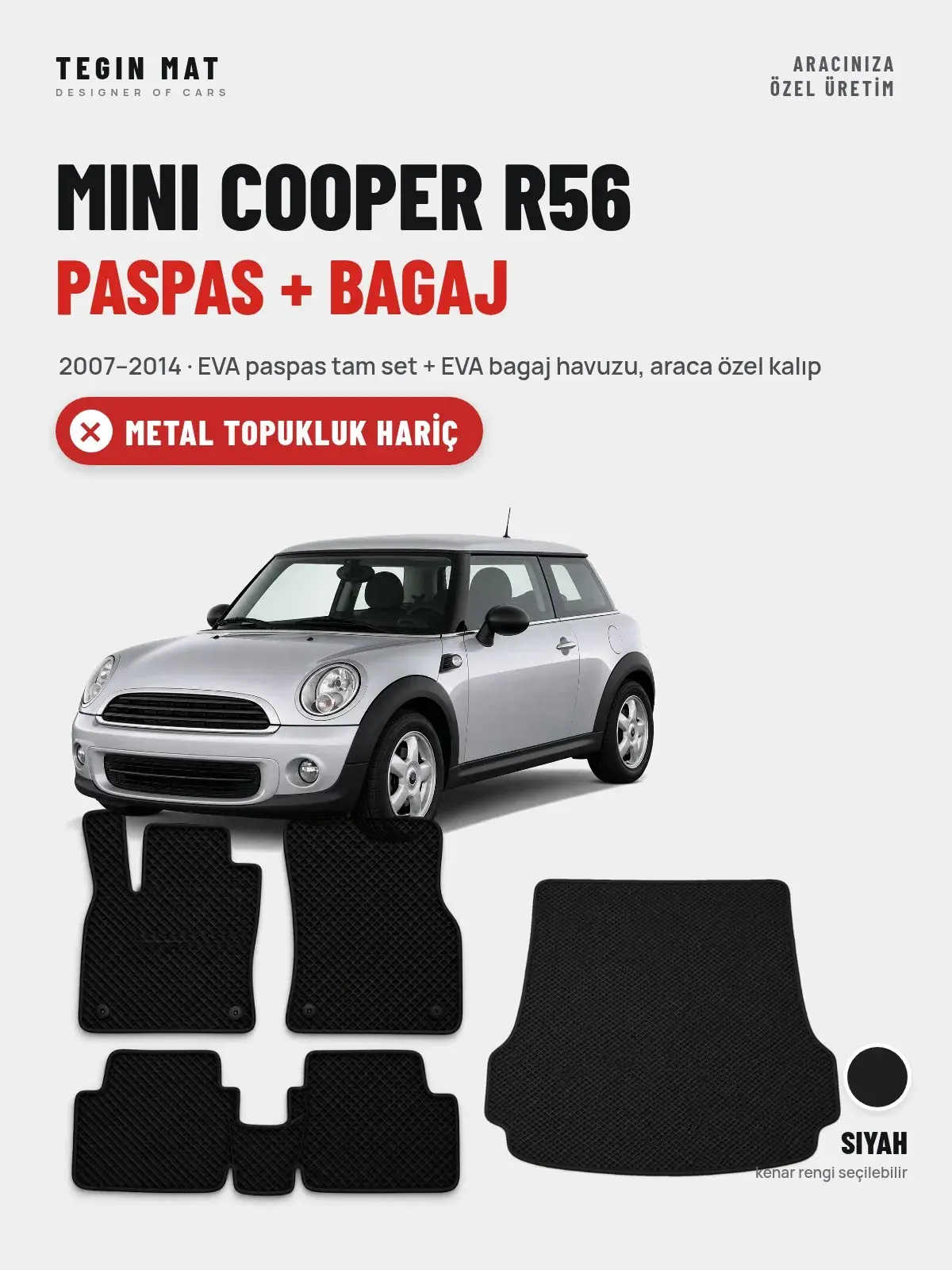 MINI Cooper R56 EVA Paspas + Bagaj Havuzu Seti (2007–2014) Siyah – Metal Topukluk Hariç (1)