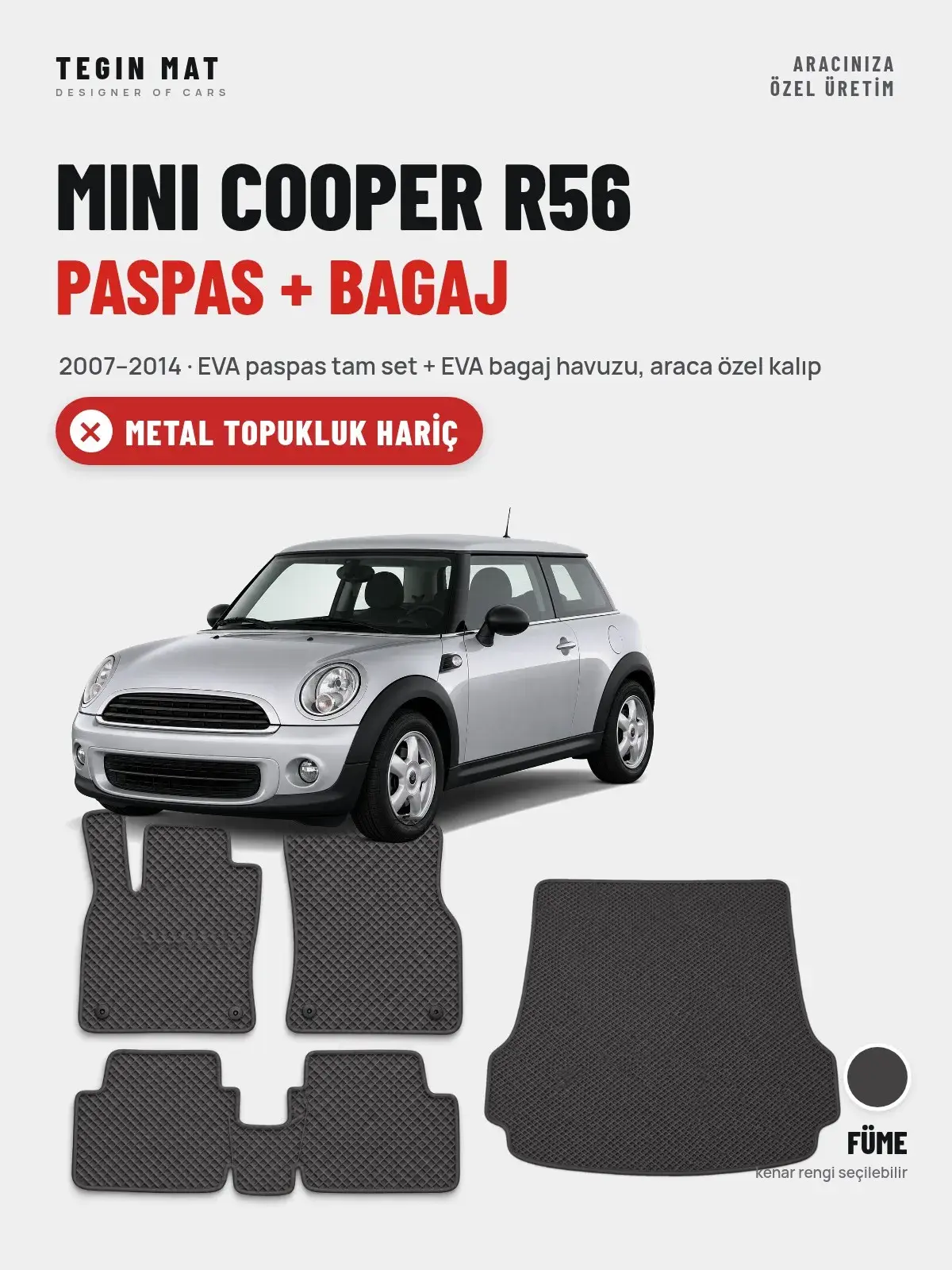 MINI Cooper R56 EVA Paspas + Bagaj Havuzu Seti (2007–2014) Füme – Metal Topukluk Hariç (1)