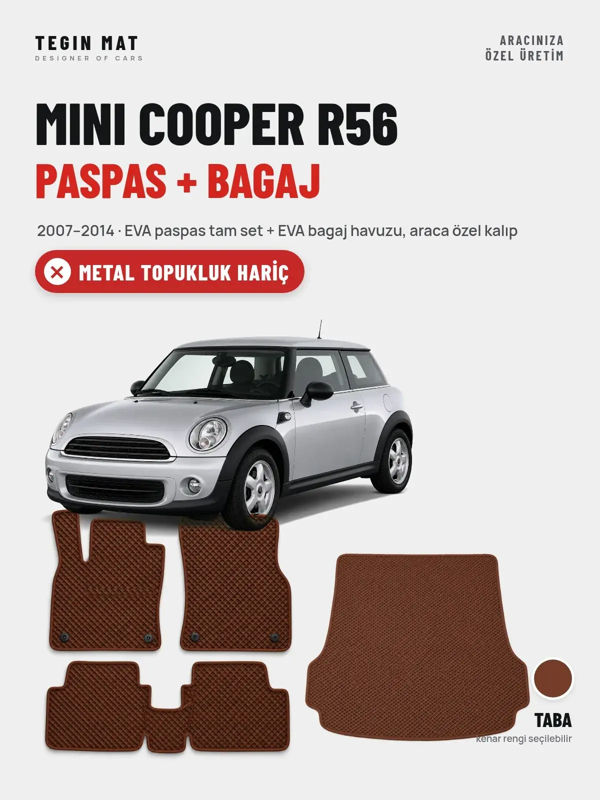 MINI Cooper R56 EVA Paspas + Bagaj Havuzu Seti (2007–2014) Taba – Metal Topukluk Hariç (1)