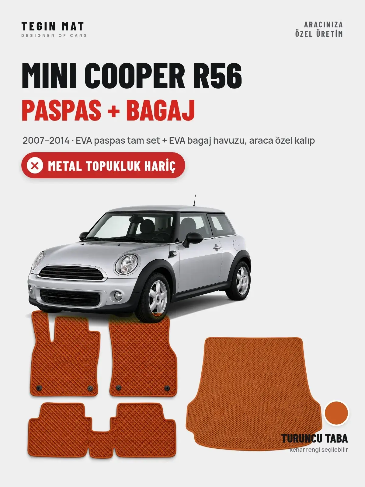 MINI Cooper R56 EVA Paspas + Bagaj Havuzu Seti (2007–2014) Turuncu Taba – Metal Topukluk Hariç (1)