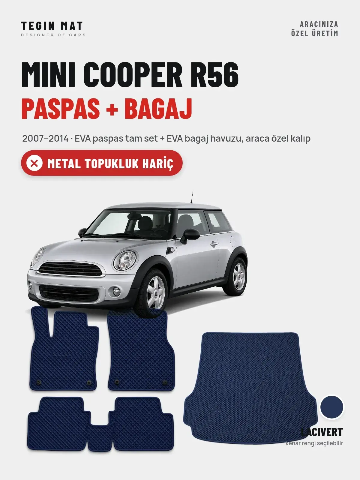 MINI Cooper R56 EVA Paspas + Bagaj Havuzu Seti (2007–2014) Lacivert – Metal Topukluk Hariç (1)