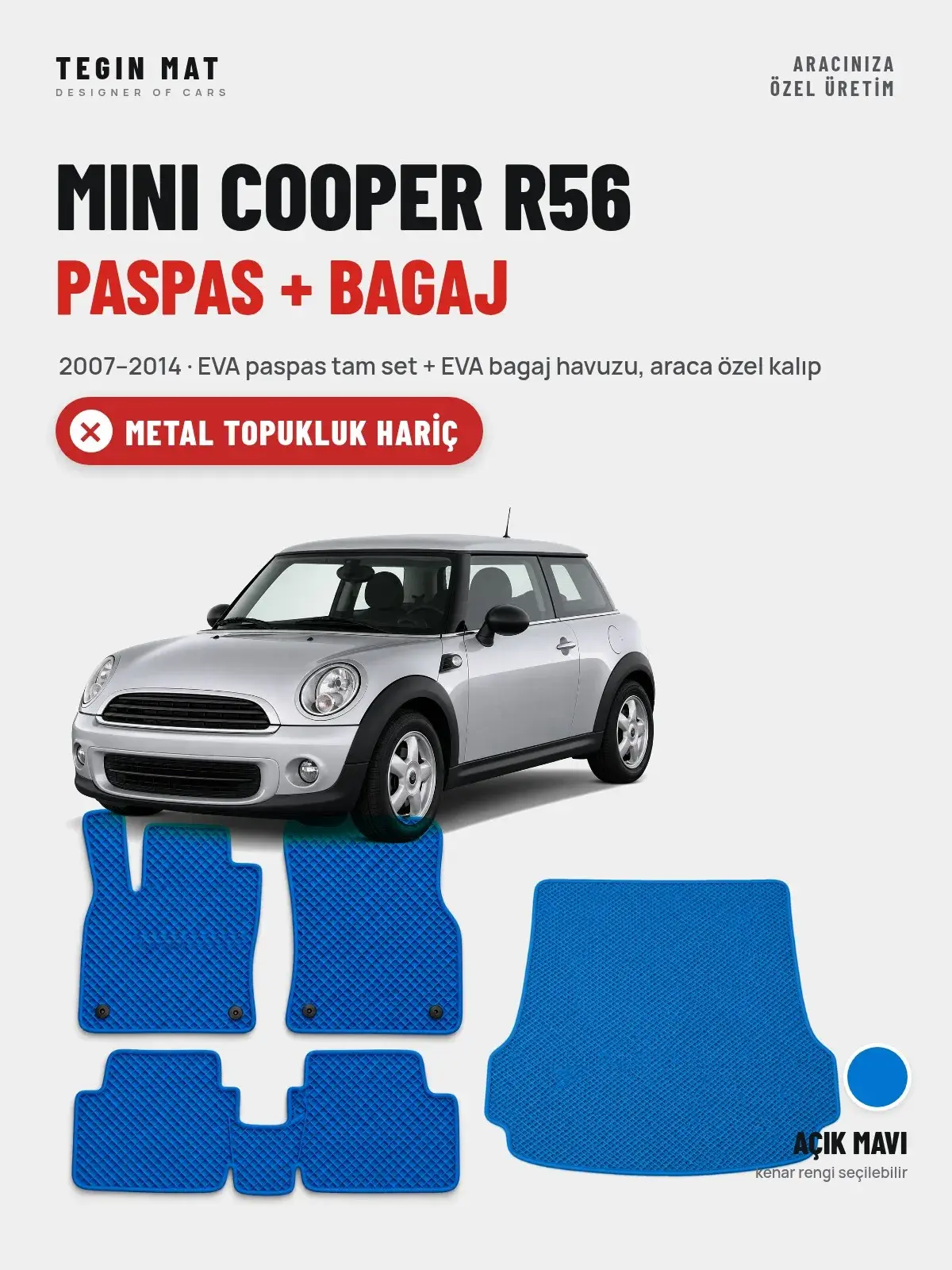 MINI Cooper R56 EVA Paspas + Bagaj Havuzu Seti (2007–2014) Açık Mavi – Metal Topukluk Hariç (1)