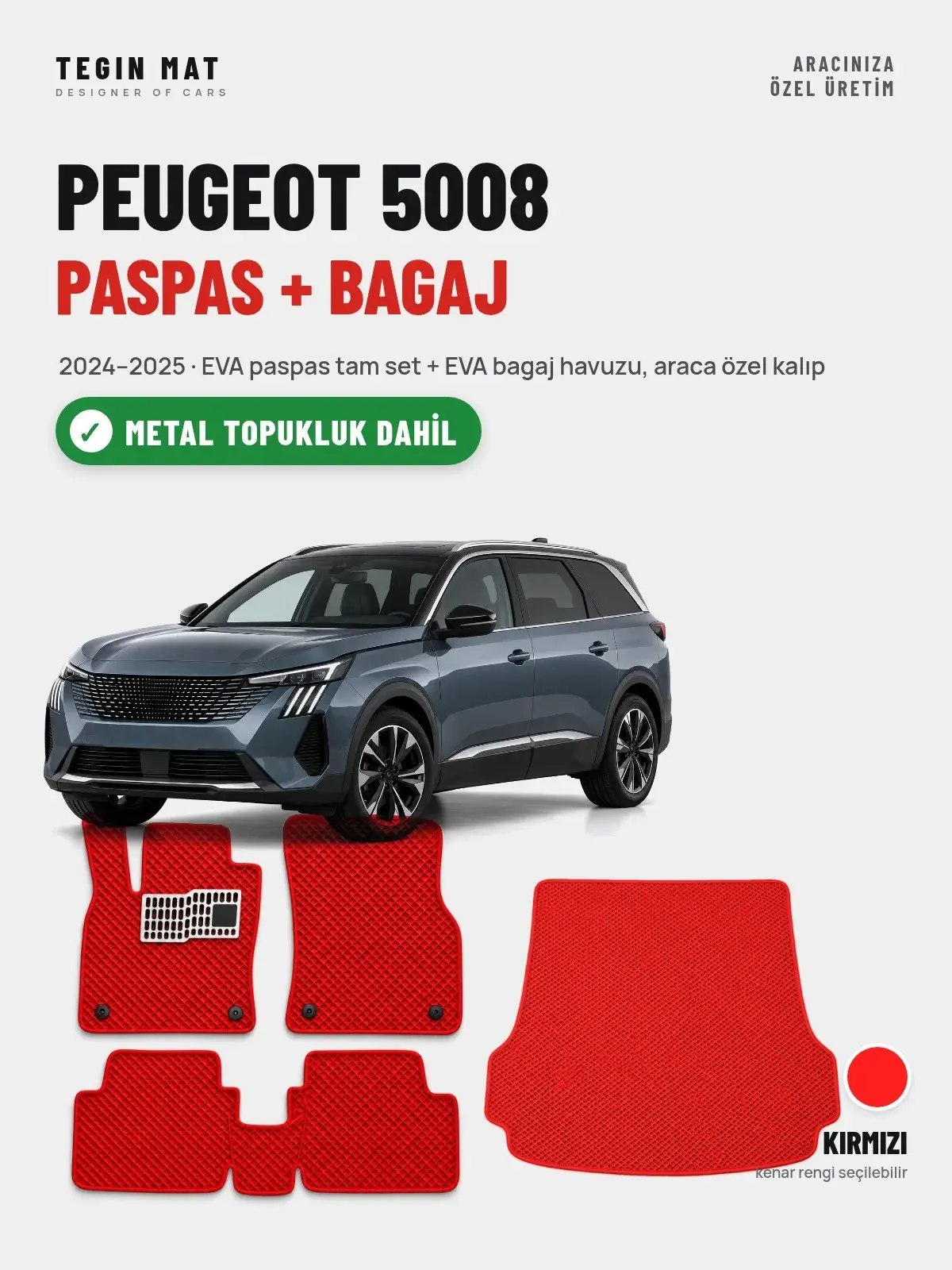 Peugeot 5008 EVA Paspas + Bagaj Havuzu Seti (2024–2025) Kırmızı – Metal Topukluk Dahil (1)