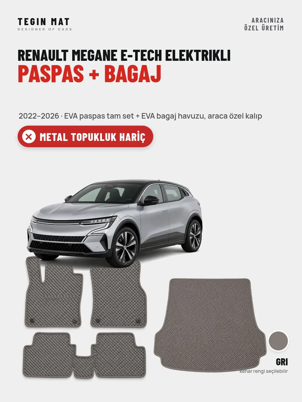 Renault Megane E-Tech Elektrikli EVA Paspas + Bagaj Havuzu Seti (2022–2026) Gri – Metal Topukluk Hariç (1)