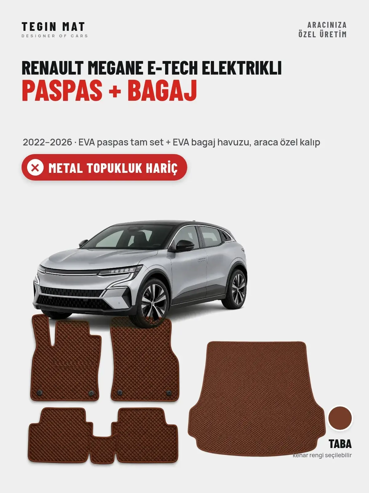 Renault Megane E-Tech Elektrikli EVA Paspas + Bagaj Havuzu Seti (2022–2026) Taba – Metal Topukluk Hariç (1)