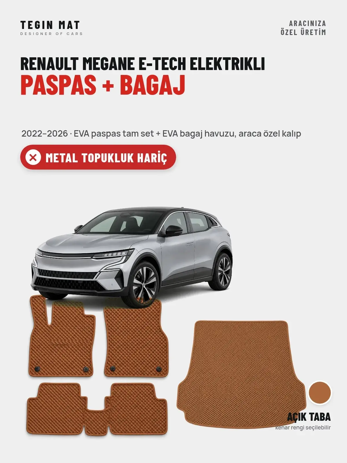 Renault Megane E-Tech Elektrikli EVA Paspas + Bagaj Havuzu Seti (2022–2026) Açık Taba – Metal Topukluk Hariç (1)