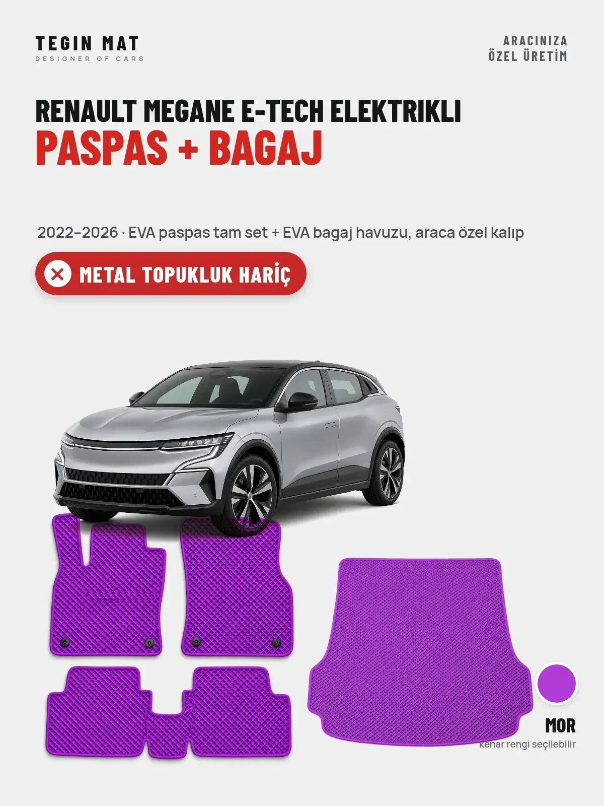 Renault Megane E-Tech Elektrikli EVA Paspas + Bagaj Havuzu Seti (2022–2026) Mor – Metal Topukluk Hariç (1)