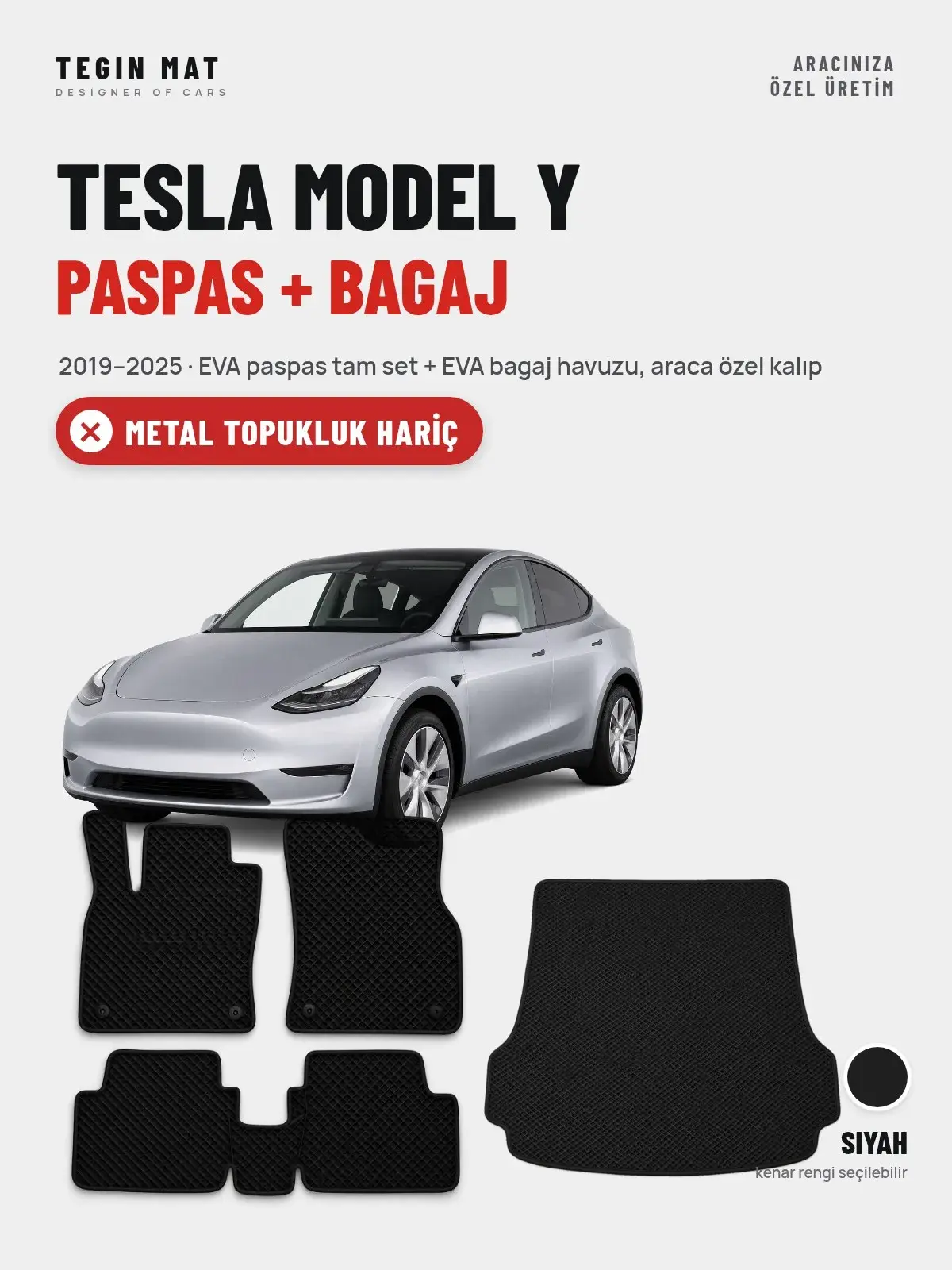 Tesla Model Y EVA Paspas + Bagaj Havuzu Seti (2019–2025) Siyah – Metal Topukluk Hariç (1)
