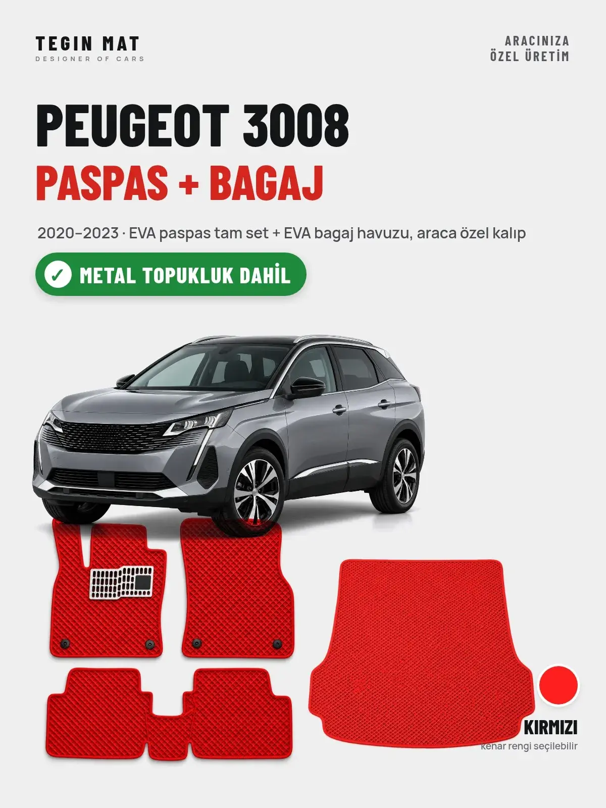 Peugeot 3008 EVA Paspas + Bagaj Havuzu Seti (2020–2023) Kırmızı – Metal Topukluk Dahil (1)