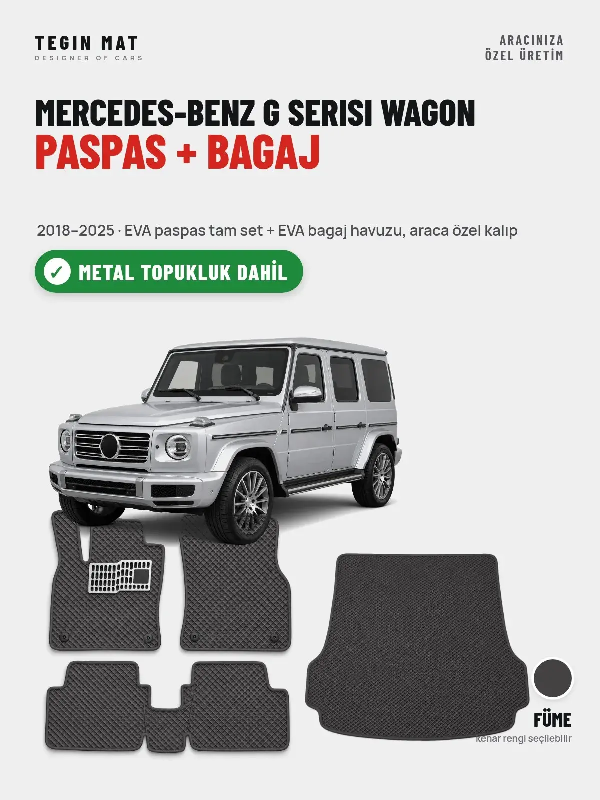 Mercedes-Benz G Serisi Wagon EVA Paspas + Bagaj Havuzu Seti (2018–2025) Füme – Metal Topukluk Dahil (1)