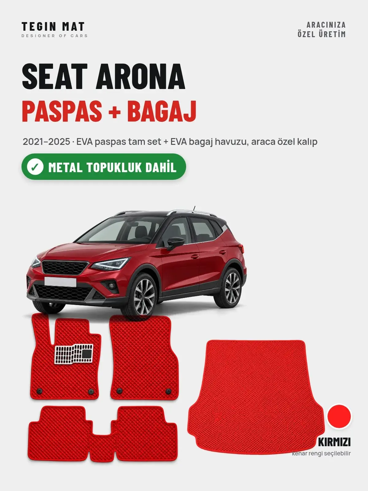 Seat Arona EVA Paspas + Bagaj Havuzu Seti (2021–2025) Kırmızı – Metal Topukluk Dahil (1)