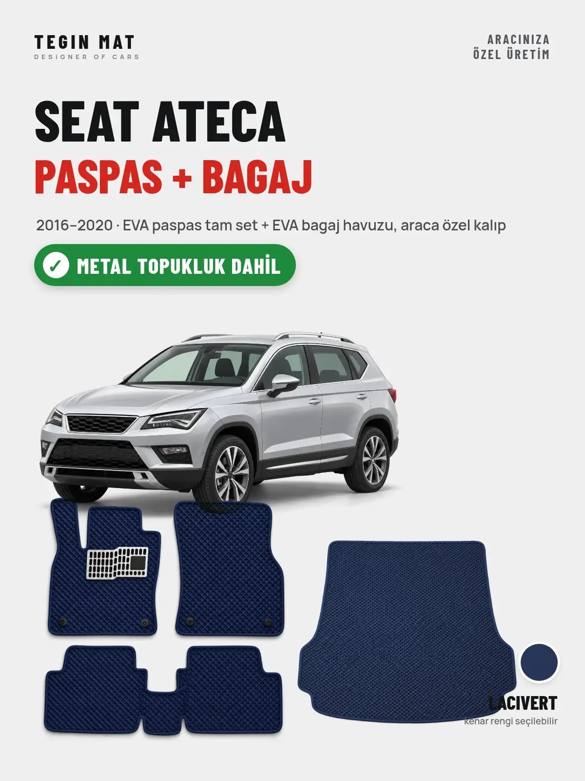 Seat Ateca EVA Paspas + Bagaj Havuzu Seti (2016–2020) Lacivert – Metal Topukluk Dahil (1)
