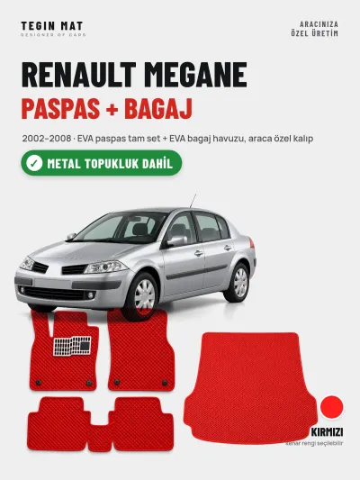 Renault Megane EVA Paspas + Bagaj Havuzu Seti (2002–2008) Kırmızı – Metal Topukluk Dahil