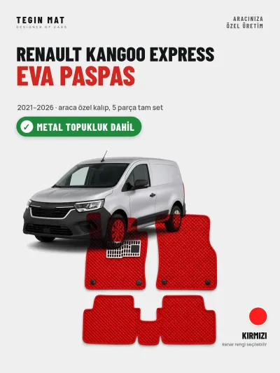 Renault Kangoo Express EVA Oto Paspas Tam Set (2021–2026) Kırmızı – Metal Topukluk Dahil