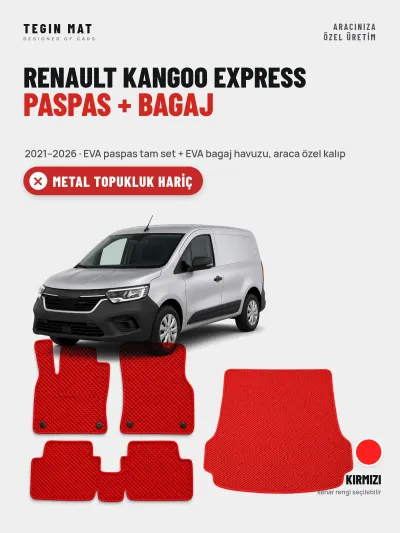Renault Kangoo Express EVA Paspas + Bagaj Havuzu Seti (2021–2026) Kırmızı – Metal Topukluk Hariç