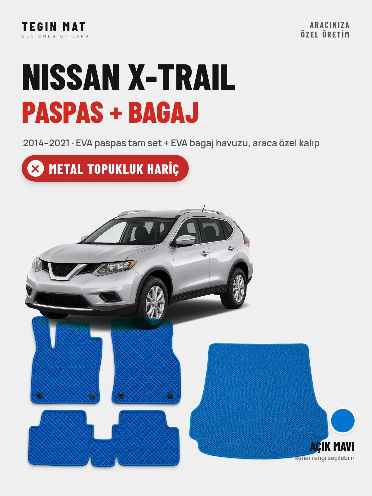 Nissan X-Trail EVA Paspas + Bagaj Havuzu Seti (2014–2021) Açık Mavi – Metal Topukluk Hariç (1)