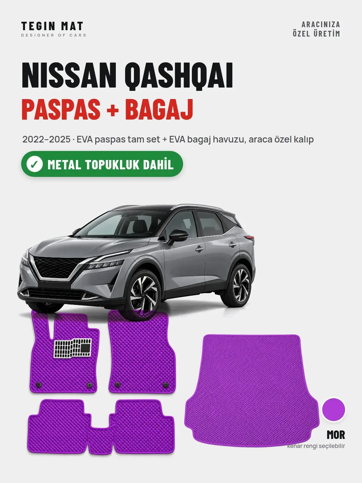 Nissan Qashqai EVA Paspas + Bagaj Havuzu Seti (2022–2025) Mor – Metal Topukluk Dahil (1)