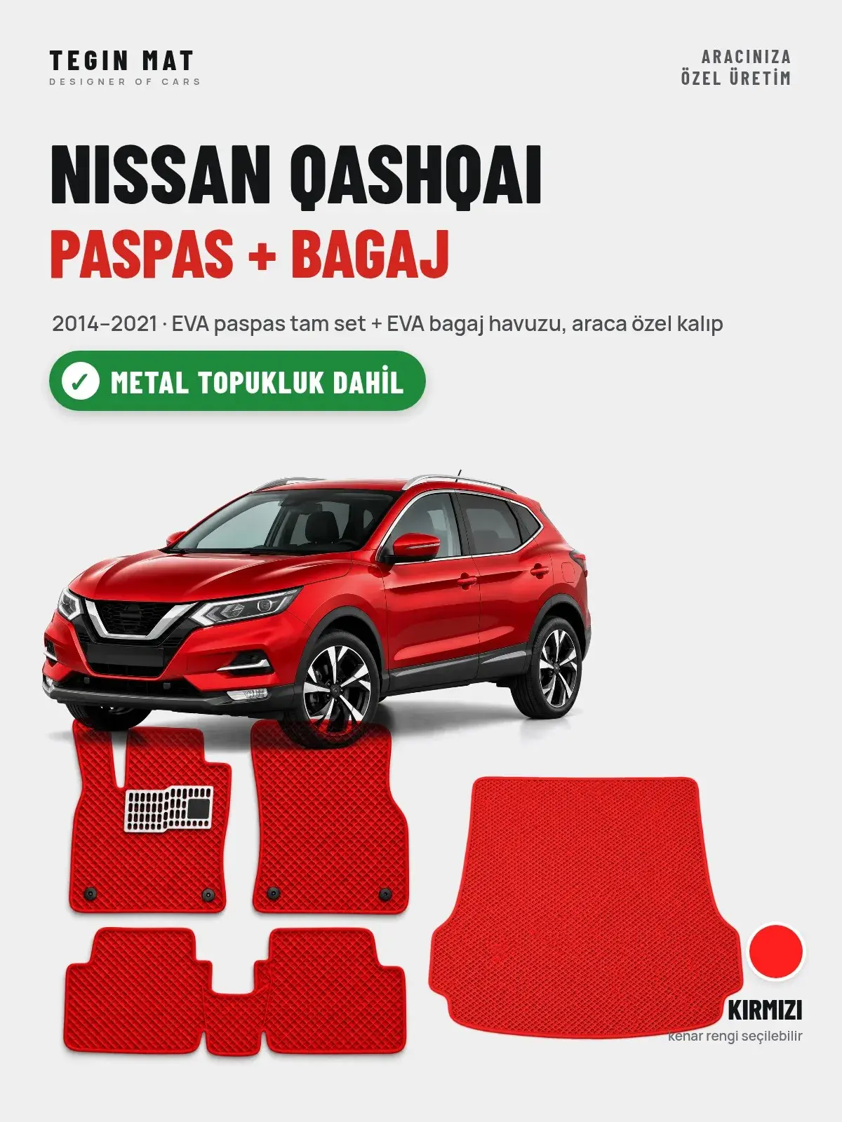 Nissan Qashqai EVA Paspas + Bagaj Havuzu Seti (2014–2021) Kırmızı – Metal Topukluk Dahil (1)