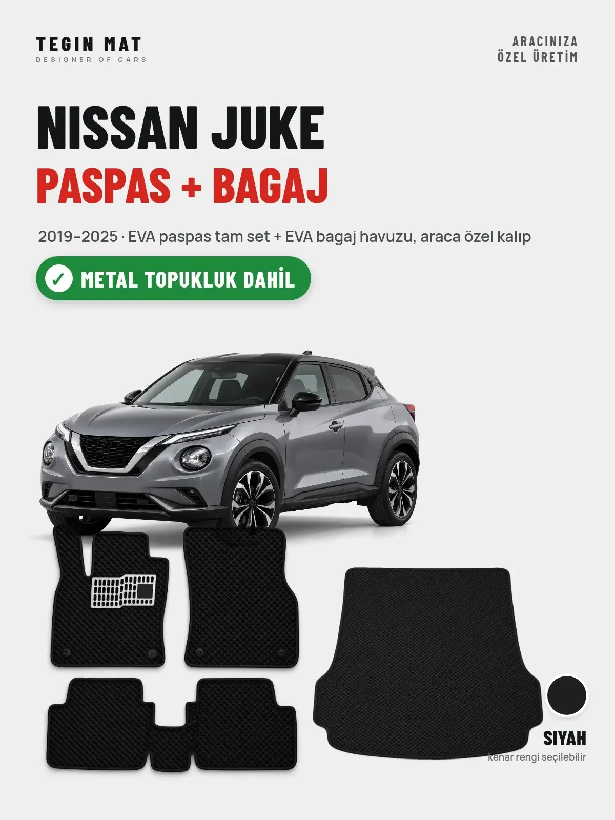 Nissan Juke EVA Paspas + Bagaj Havuzu Seti (2019–2025) Siyah – Metal Topukluk Dahil (1)