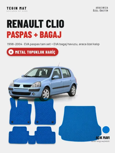 Renault Clio EVA Paspas + Bagaj Havuzu Seti (1998–2004) Açık Mavi – Metal Topukluk Hariç