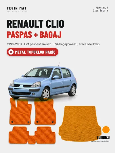 Renault Clio EVA Paspas + Bagaj Havuzu Seti (1998–2004) Turuncu – Metal Topukluk Hariç