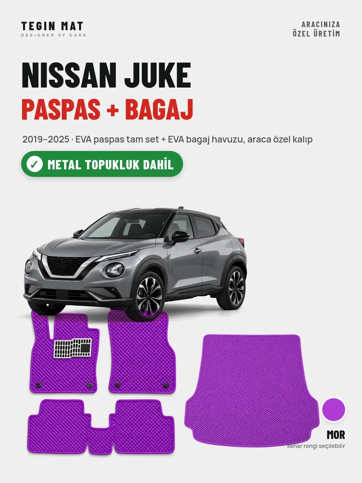 Nissan Juke EVA Paspas + Bagaj Havuzu Seti (2019–2025) Mor – Metal Topukluk Dahil (1)