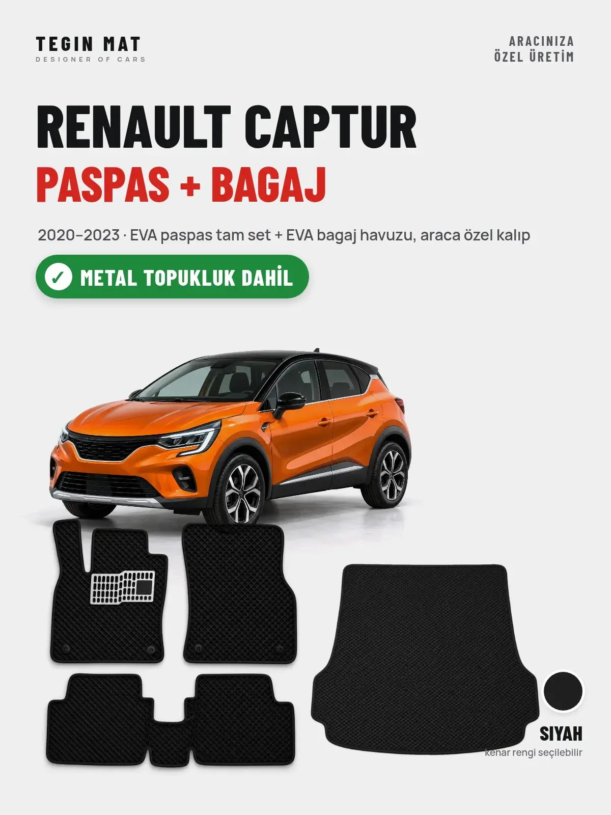 Renault Captur EVA Paspas + Bagaj Havuzu Seti (2020–2023) Siyah – Metal Topukluk Dahil (1)