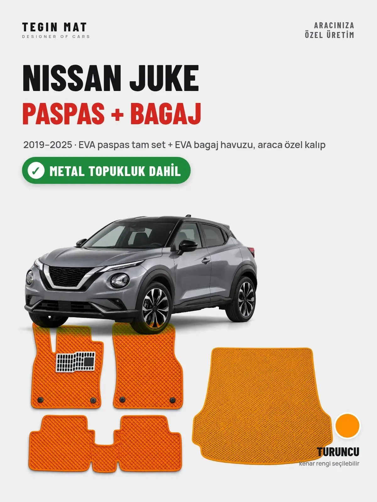 Nissan Juke EVA Paspas + Bagaj Havuzu Seti (2019–2025) Turuncu – Metal Topukluk Dahil (1)