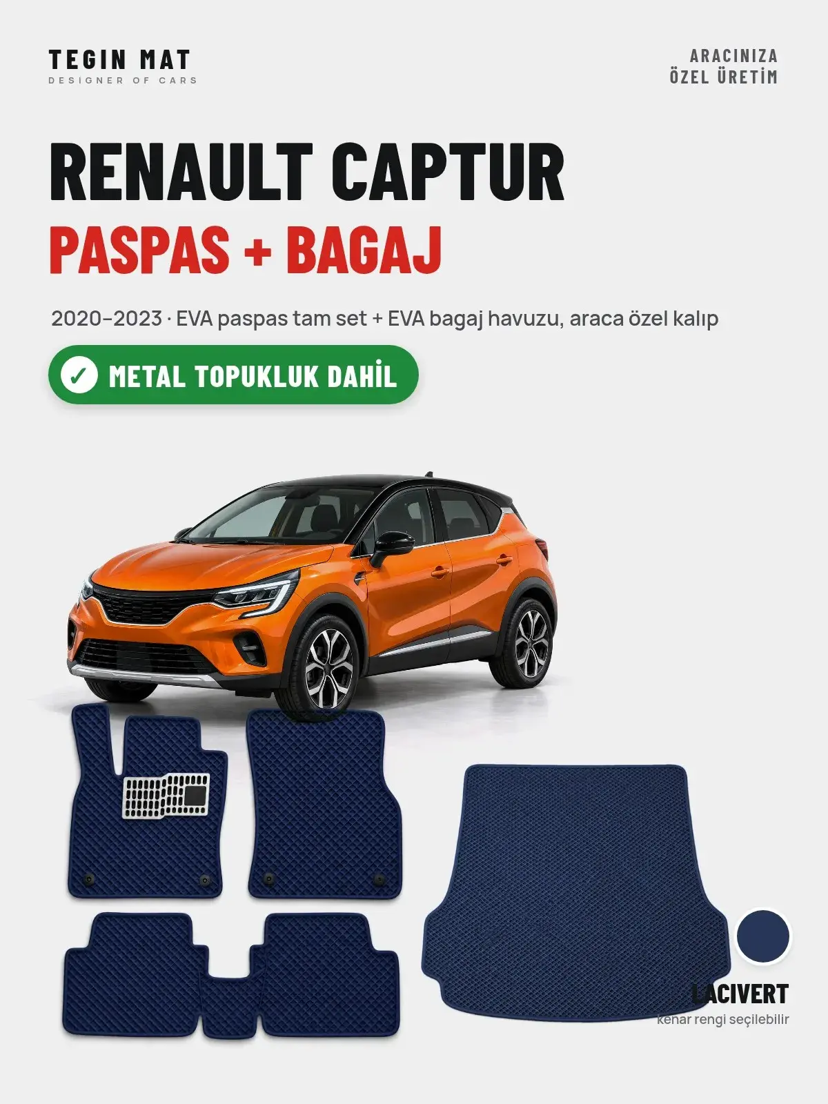 Renault Captur EVA Paspas + Bagaj Havuzu Seti (2020–2023) Lacivert – Metal Topukluk Dahil (1)