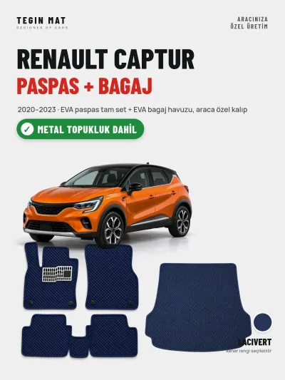 Renault Captur EVA Paspas + Bagaj Havuzu Seti (2020–2023) Lacivert – Metal Topukluk Dahil