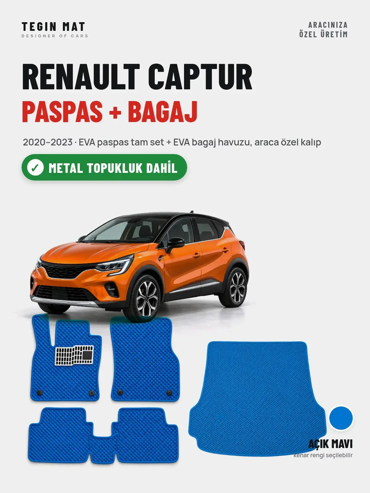 Renault Captur EVA Paspas + Bagaj Havuzu Seti (2020–2023) Açık Mavi – Metal Topukluk Dahil (1)