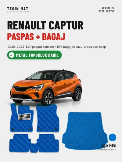 Renault Captur EVA Paspas + Bagaj Havuzu Seti (2020–2023) Açık Mavi – Metal Topukluk Dahil