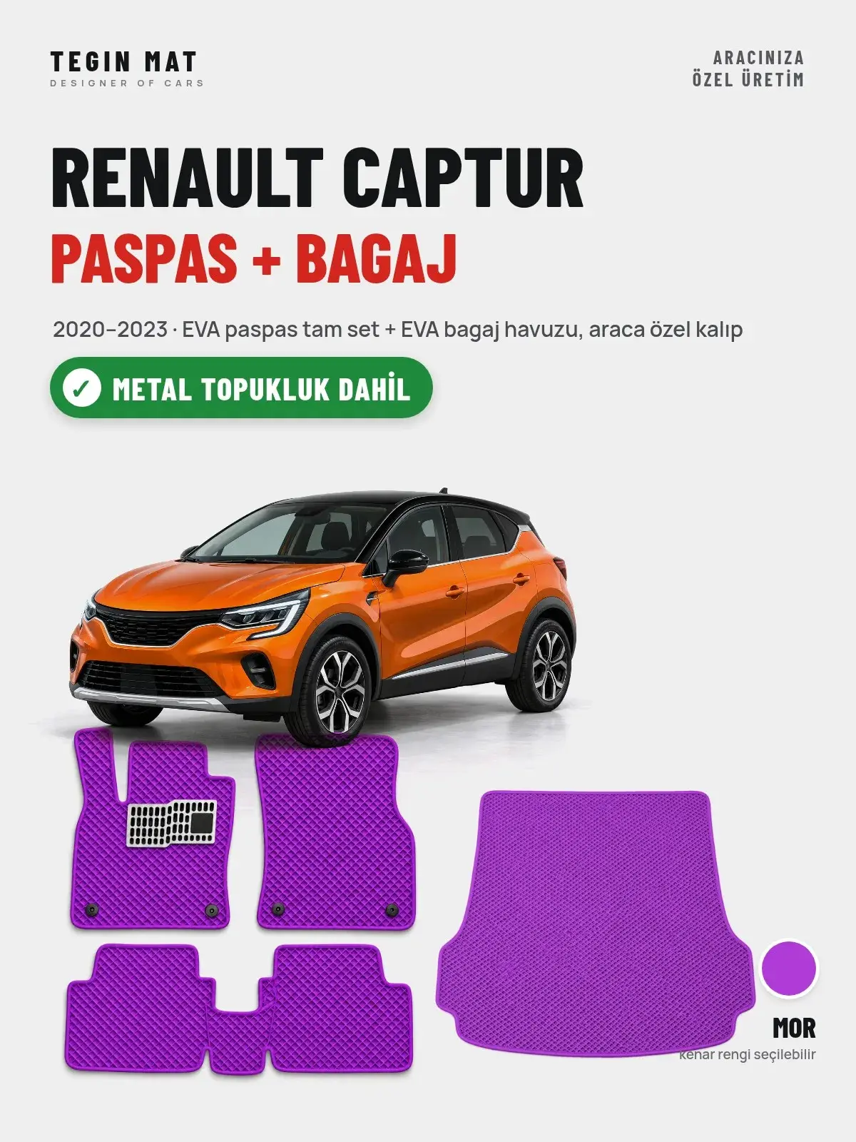 Renault Captur EVA Paspas + Bagaj Havuzu Seti (2020–2023) Mor – Metal Topukluk Dahil (1)