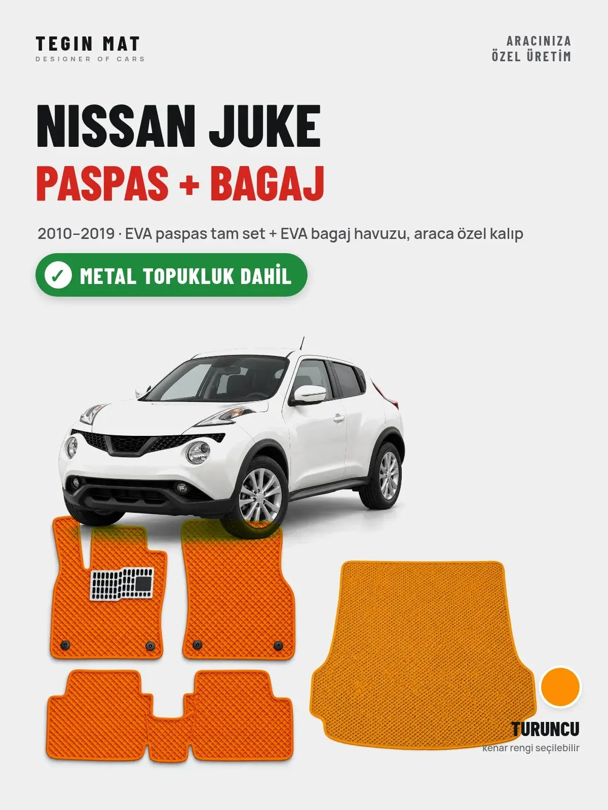 Nissan Juke EVA Paspas + Bagaj Havuzu Seti (2010–2019) Turuncu – Metal Topukluk Dahil (1)