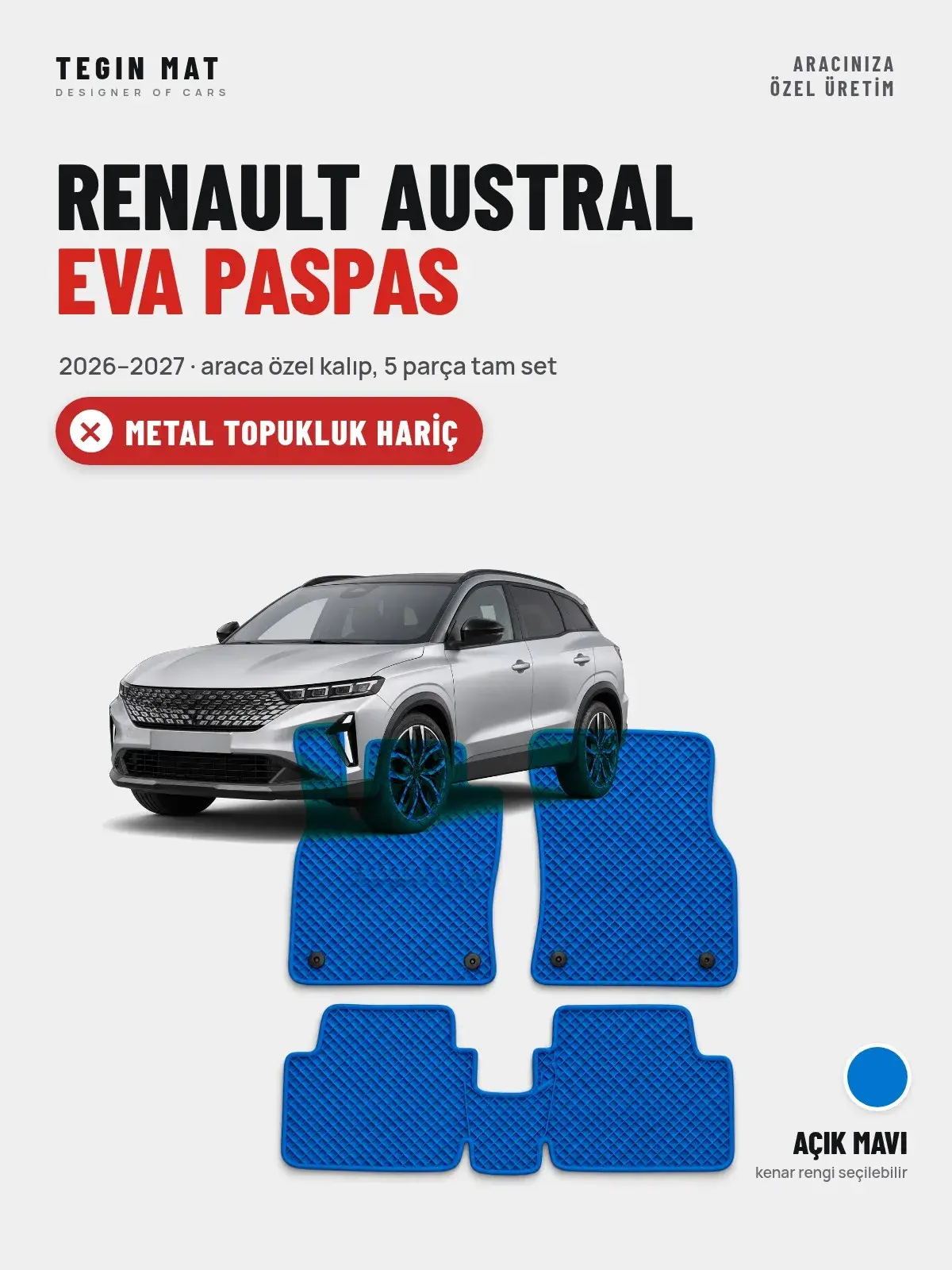 Renault Austral EVA Oto Paspas Tam Set (2026–2027) Açık Mavi – Metal Topukluk Hariç (1)