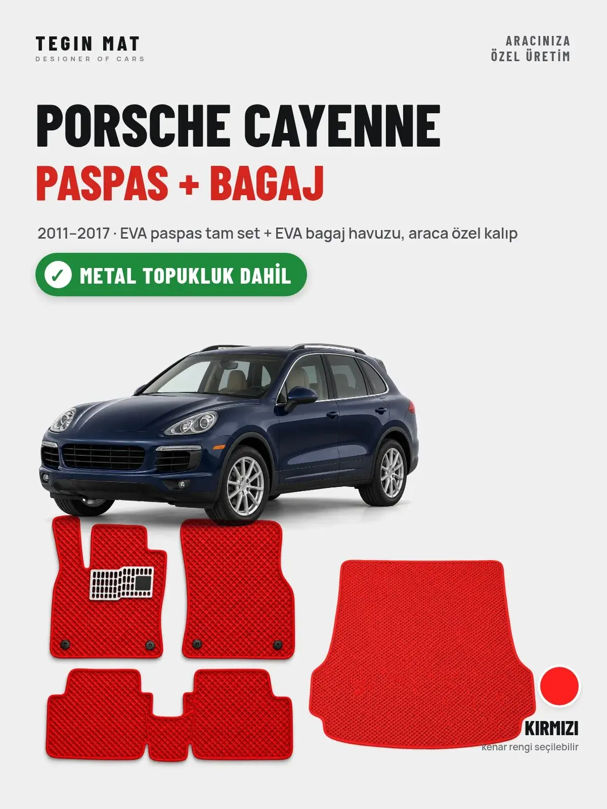 Porsche Cayenne EVA Paspas + Bagaj Havuzu Seti (2011–2017) Kırmızı – Metal Topukluk Dahil (1)
