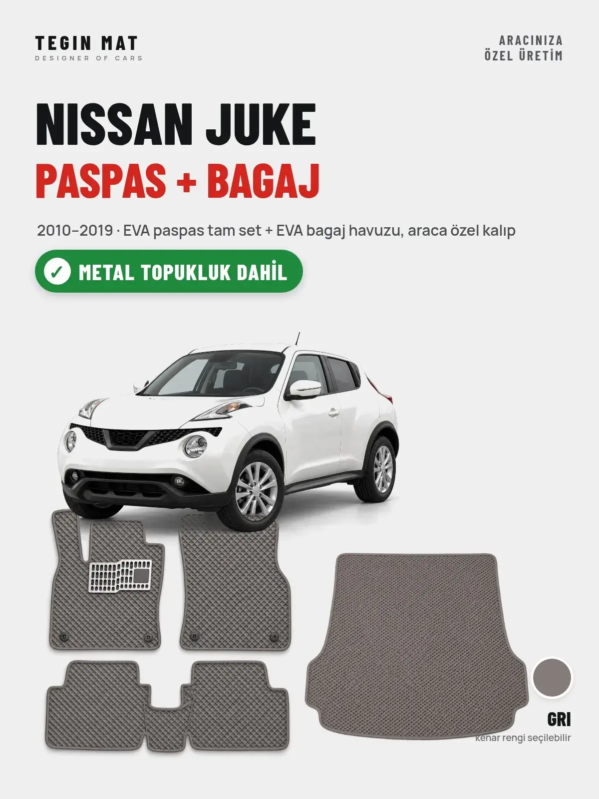 Nissan Juke EVA Paspas + Bagaj Havuzu Seti (2010–2019) Gri – Metal Topukluk Dahil (1)