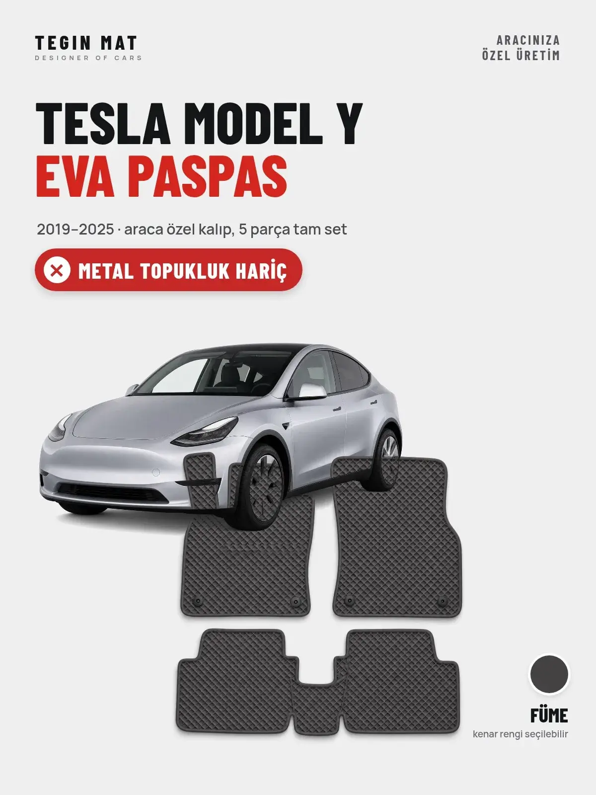 Tesla Model Y EVA Oto Paspas Tam Set (2019–2025) Füme – Metal Topukluk Hariç (1)