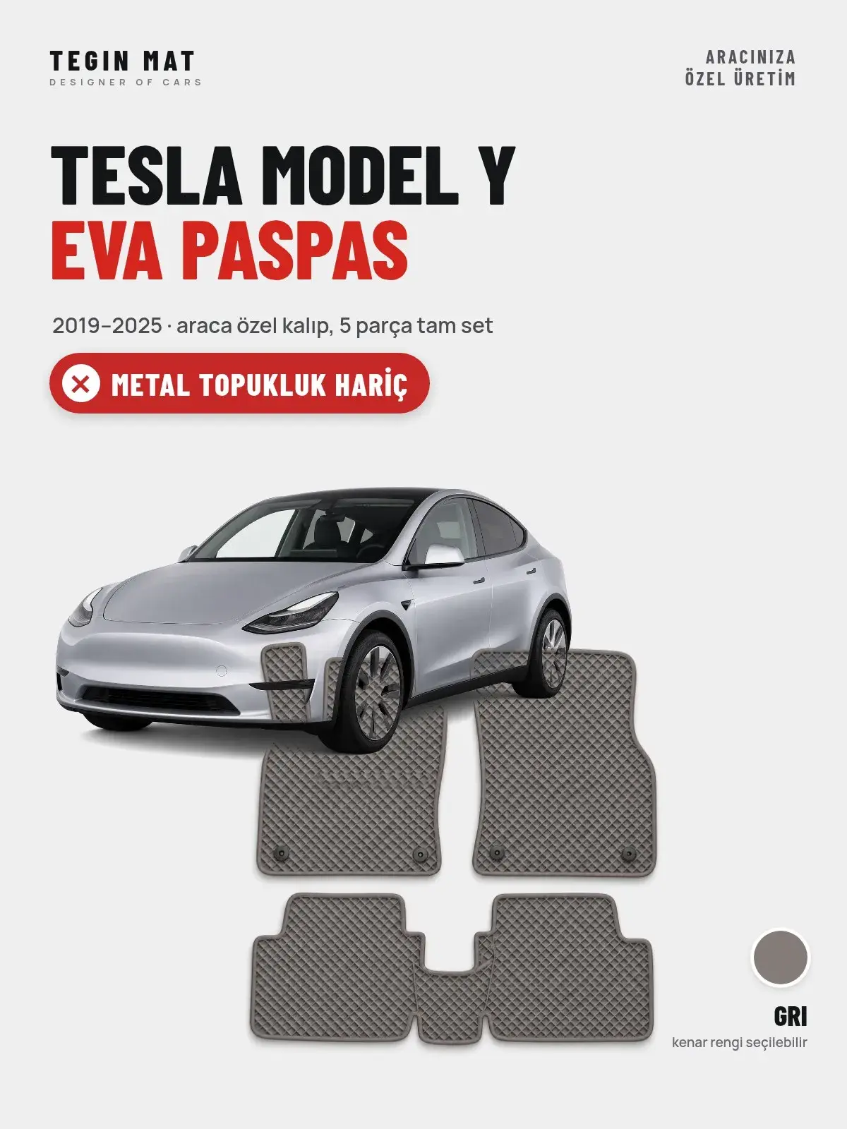 Tesla Model Y EVA Oto Paspas Tam Set (2019–2025) Gri – Metal Topukluk Hariç (1)