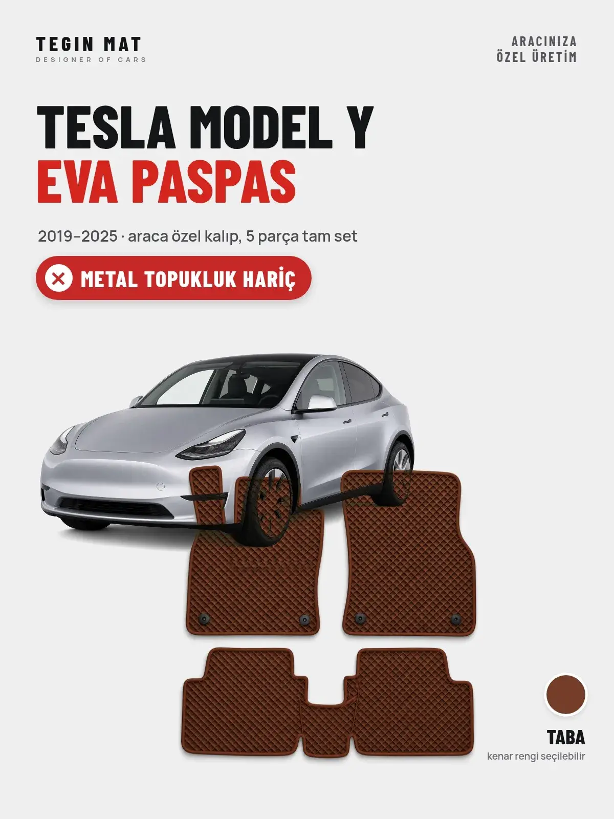 Tesla Model Y EVA Oto Paspas Tam Set (2019–2025) Taba – Metal Topukluk Hariç (1)