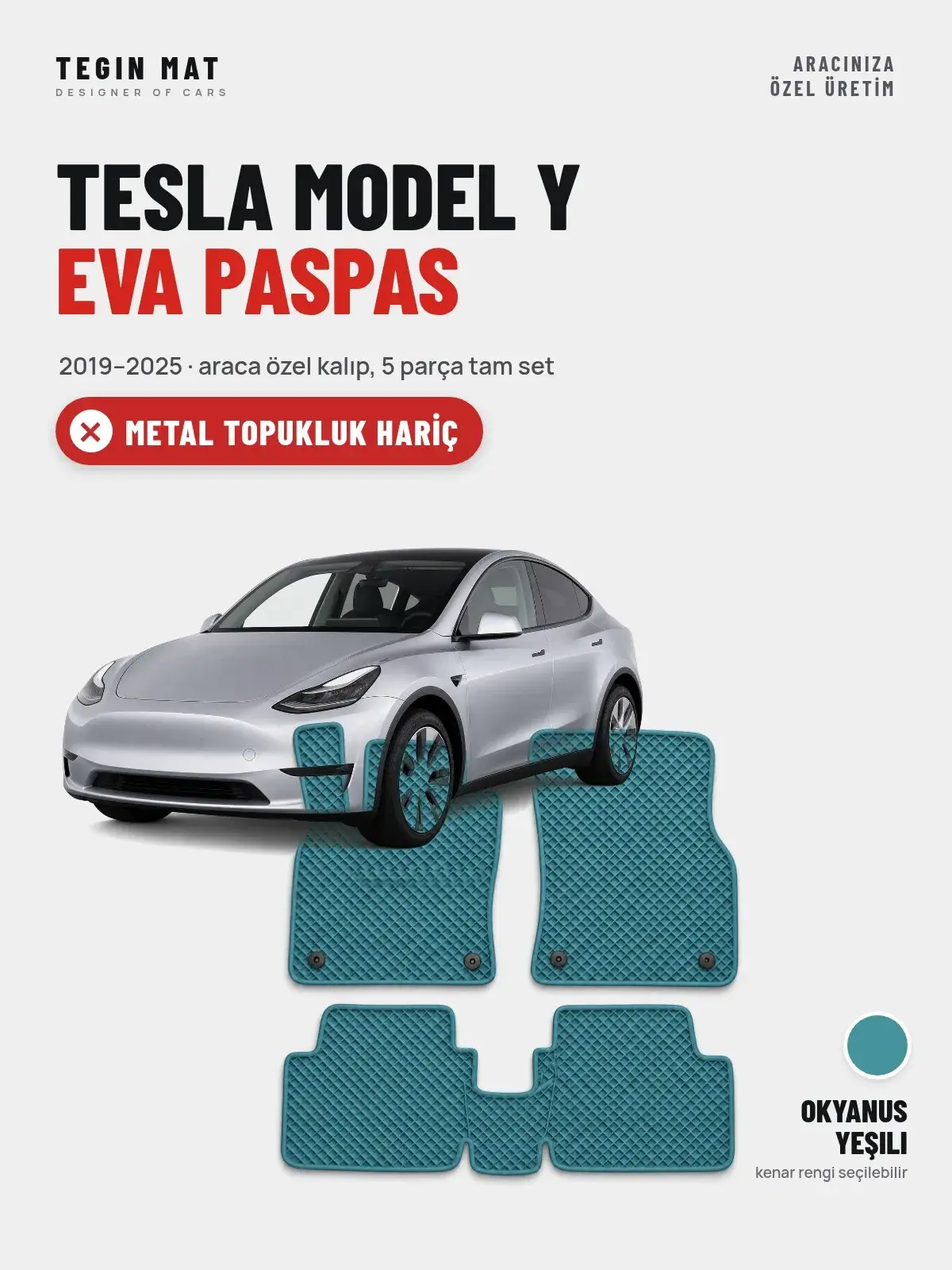 Tesla Model Y EVA Oto Paspas Tam Set (2019–2025) Okyanus Yeşili – Metal Topukluk Hariç (1)