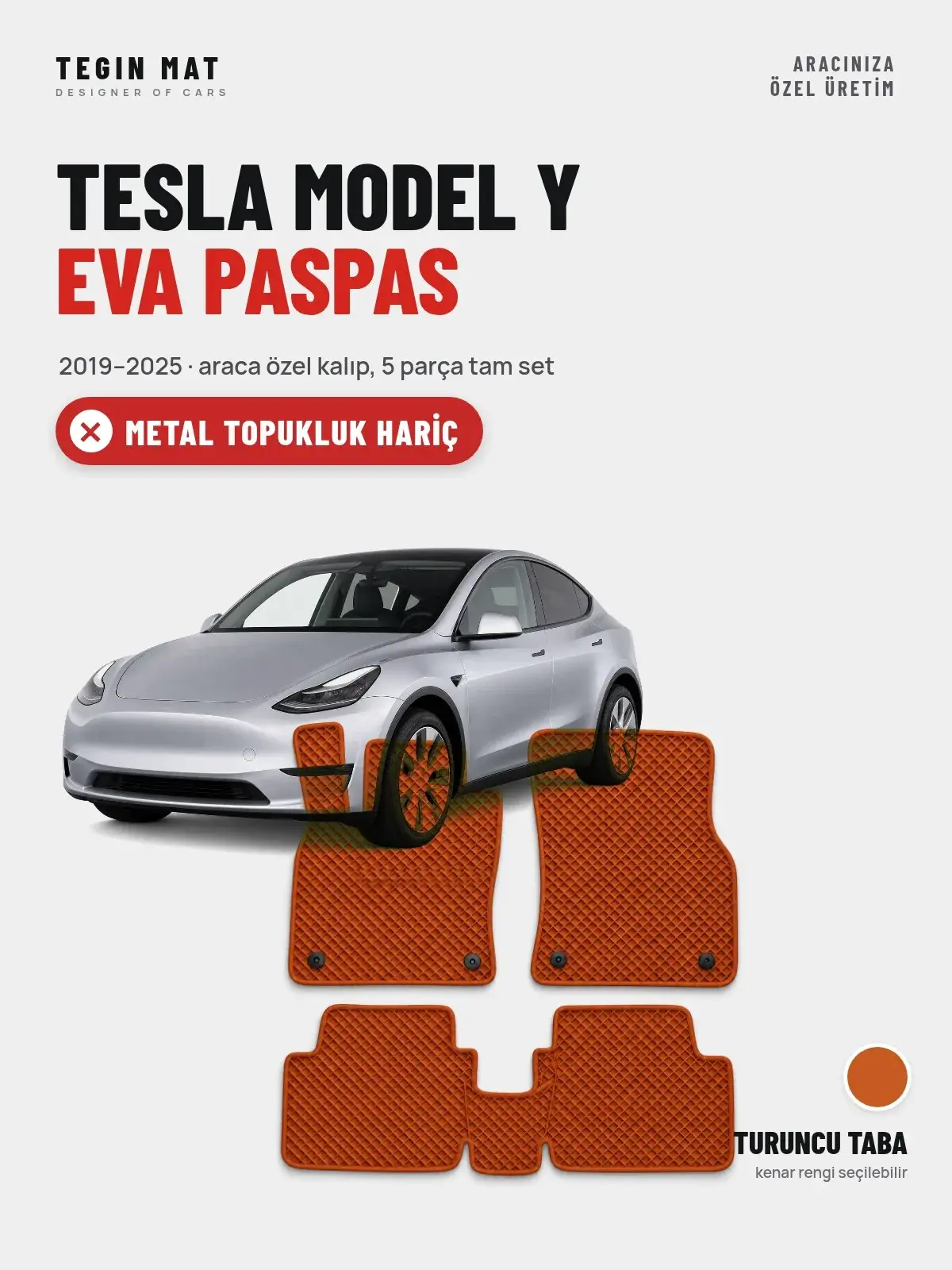 Tesla Model Y EVA Oto Paspas Tam Set (2019–2025) Turuncu Taba – Metal Topukluk Hariç (1)