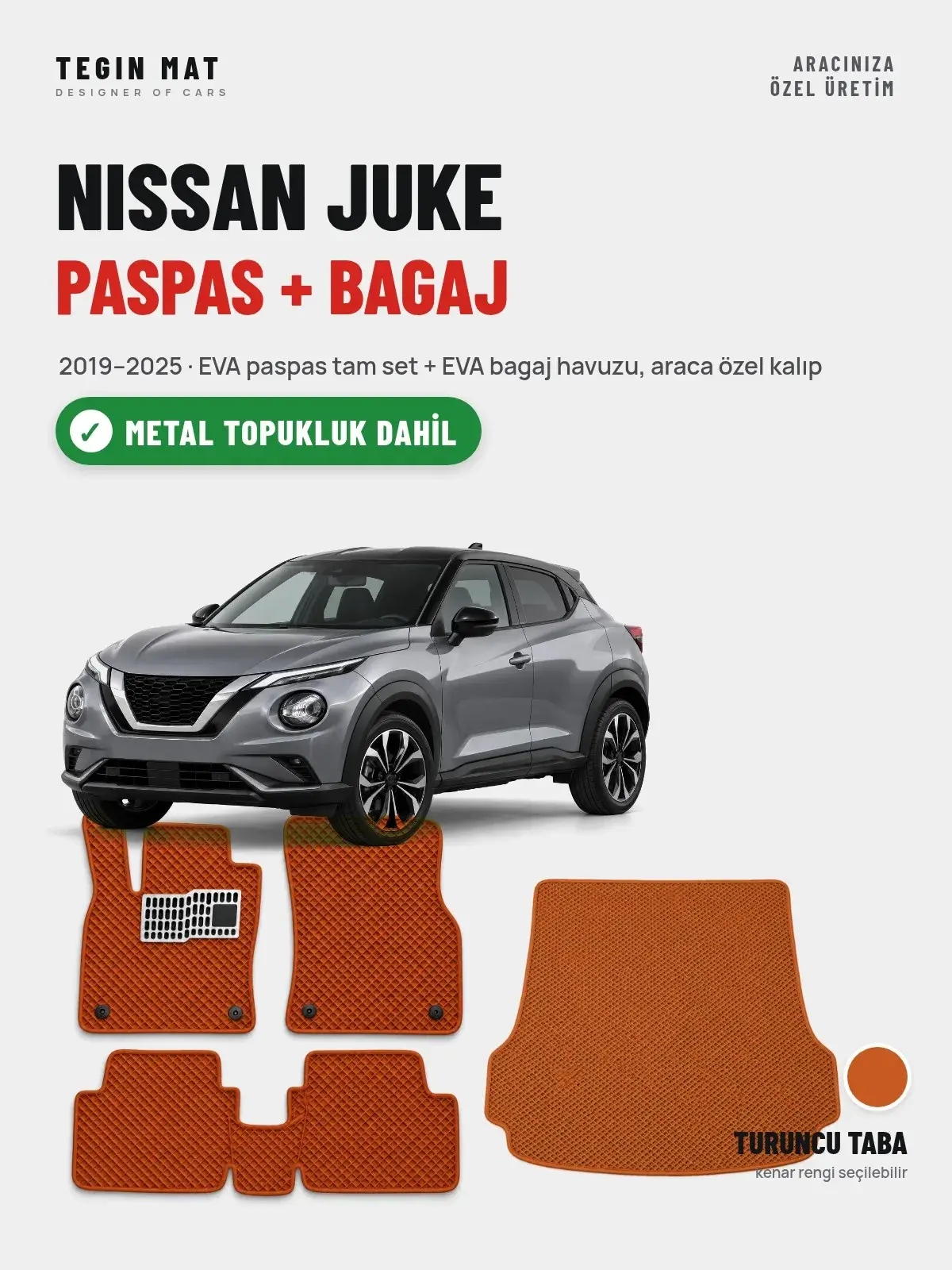 Nissan Juke EVA Paspas + Bagaj Havuzu Seti (2019–2025) Turuncu Taba – Metal Topukluk Dahil (1)