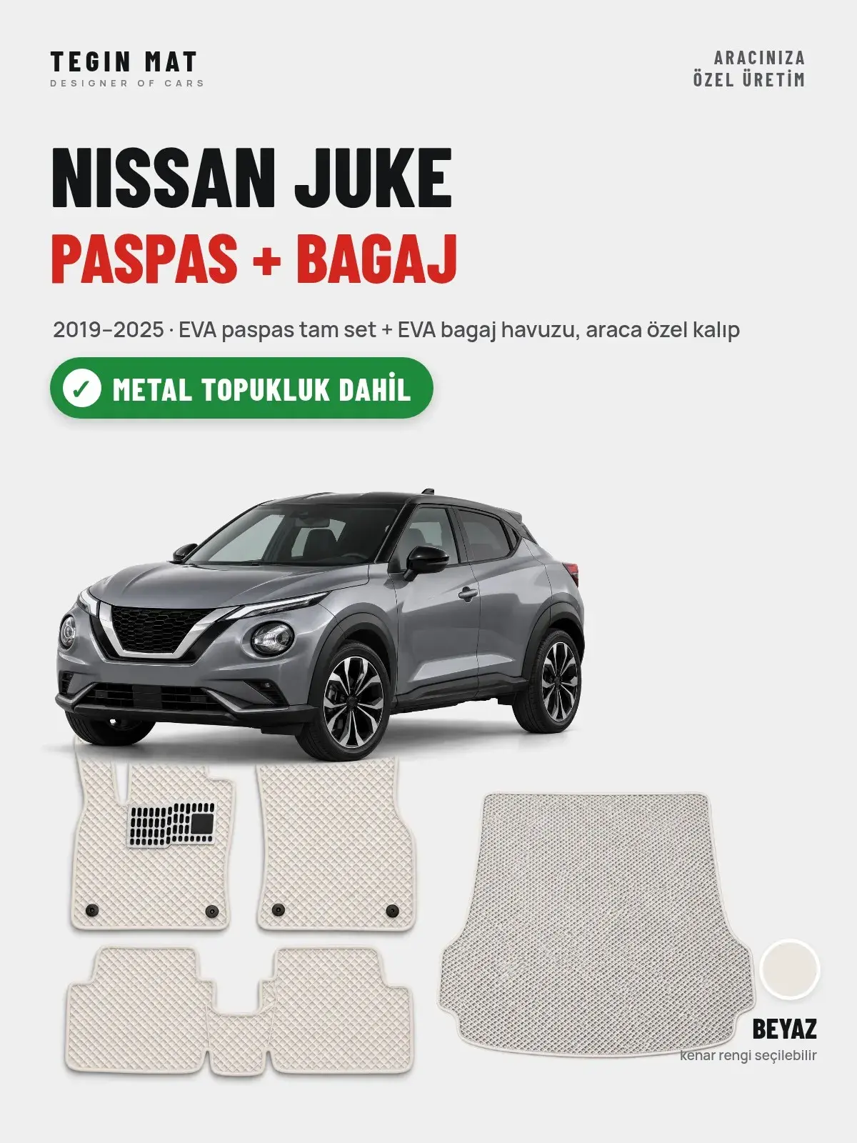 Nissan Juke EVA Paspas + Bagaj Havuzu Seti (2019–2025) Beyaz – Metal Topukluk Dahil (1)