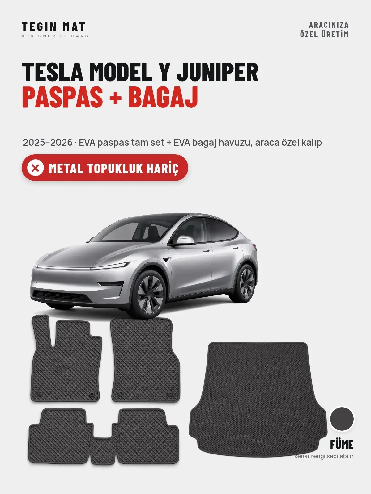 Tesla Model Y Juniper EVA Paspas + Bagaj Havuzu Seti (2025–2026) Füme – Metal Topukluk Hariç (1)
